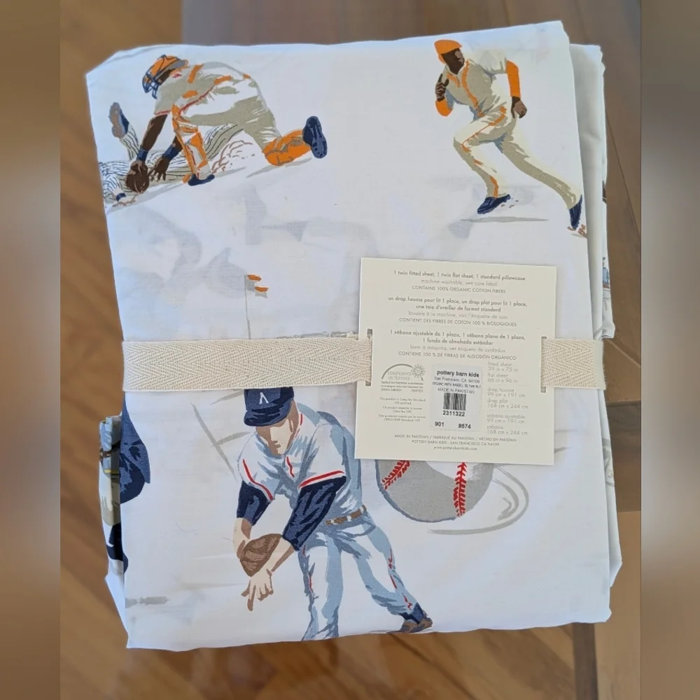 Pottery Barn Kids Vintage Baseball Organic Sheet Set - White, Navy, Tan Sz Twin - Picture 3 of 6